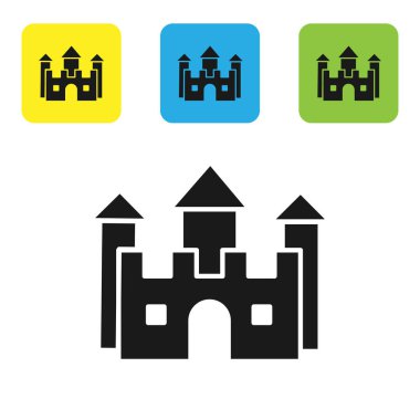 Siyah Kale simgesi beyaz arka plan üzerinde izole. Simgeleri renkli kare düğmeleri ayarlayın. Vektör İllüstrasyonu