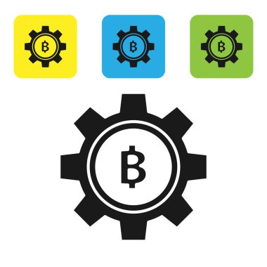 Siyah Cryptocurrency sikke Bitcoin simgesi beyaz arka plan üzerinde izole. Dişli ve Bitcoin ayarı. Blockchain tabanlı güvenli kripto para birimi. Simgeleri renkli kare düğmeleri ayarlayın. Vektör İllüstrasyonu
