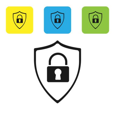 Beyaz arka planda yalıtılmış kilit simgesine sahip Siyah Kalkan güvenliği. Koruma, güvenlik, şifre güvenliği. Güvenlik duvarı erişim gizlilik işareti. Simgeleri renkli kare düğmeleri ayarlayın. Vektör İllüstrasyonu