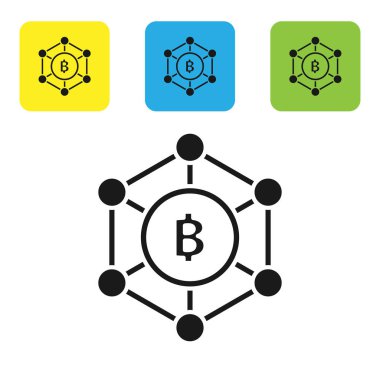 Siyah Blockchain teknolojisi Bitcoin simgesi beyaz arka plan üzerinde izole. Soyut geometrik blok zincir ağ teknolojisi iş. Simgeleri renkli kare düğmeleri ayarlayın. Vektör İllüstrasyonu