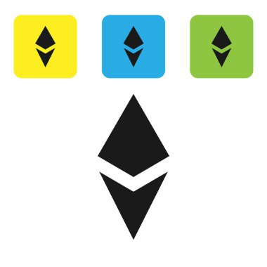 Siyah Cryptocurrency sikke Ethereum Eth simgesi beyaz arka plan üzerinde izole. Altcoin sembolü. Blockchain tabanlı güvenli kripto para birimi. Simgeleri renkli kare düğmeleri ayarlayın. Vektör İllüstrasyonu
