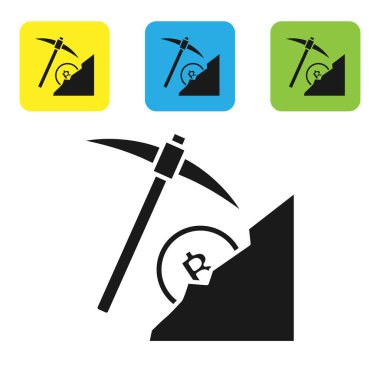 Beyaz arka planda yalıtılmış Siyah Cryptocurrency bulut madenciliği simgesi. Kazma ile bulut, bitcoin, dijital para piyasası, cryptocoin cüzdan. Simgeleri renkli kare düğmeleri ayarlayın. Vektör İllüstrasyonu