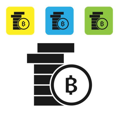 Siyah Cryptocurrency sikke Bitcoin simgesi beyaz arka plan üzerinde izole. Fiziksel biraz para. Blockchain tabanlı güvenli kripto para birimi. Simgeleri renkli kare düğmeleri ayarlayın. Vektör İllüstrasyonu