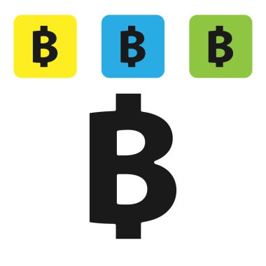 Siyah Cryptocurrency sikke Bitcoin simgesi beyaz arka plan üzerinde izole. Fiziksel biraz para. Blockchain tabanlı güvenli kripto para birimi. Simgeleri renkli kare düğmeleri ayarlayın. Vektör İllüstrasyonu
