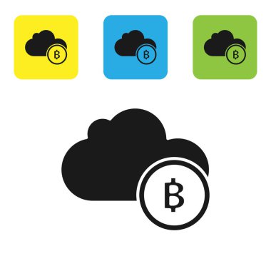 Beyaz arka planda yalıtılmış Siyah Cryptocurrency bulut madenciliği simgesi. Blockchain teknolojisi, bitcoin, dijital para piyasası, kripto para cüzdanı. Simgeleri renkli kare düğmeleri ayarlayın. Vektör İllüstrasyonu