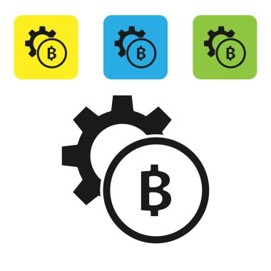 Siyah Cryptocurrency sikke Bitcoin simgesi beyaz arka plan üzerinde izole. Dişli ve Bitcoin ayarı. Blockchain tabanlı güvenli kripto para birimi. Simgeleri renkli kare düğmeleri ayarlayın. Vektör İllüstrasyonu
