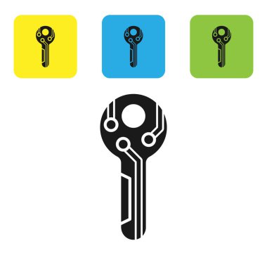 Beyaz arka planda yalıtılmış Siyah Cryptocurrency anahtar simgesi. Siber güvenlik veya özel anahtar kavramı, teknoloji arayüzü ile dijital anahtar. Simgeleri renkli kare düğmeleri ayarlayın. Vektör İllüstrasyonu