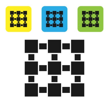 Siyah Blockchain teknoloji simgesi beyaz arka planda yalıtılmış. Kripto para birimi verileri. Soyut geometrik blok zincir ağ teknolojisi iş. Simgeleri renkli kare düğmeleri ayarlayın. Vektör İllüstrasyonu