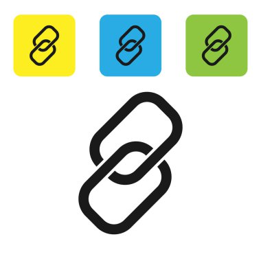 Siyah zincir bağlantı simgesi beyaz arka planda yalıtılmış. Tek bağlantı. Köprü zinciri sembolü. Set simgeleri renkli kare düğmeler. Vektör Illustration