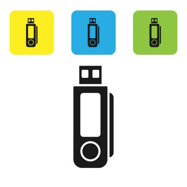 Siyah USB flash sürücü simgesi beyaz arka planda yalıtılmış. Set simgeleri renkli kare düğmeler. Vektör Illustration