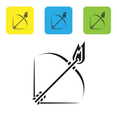 Siyah Yay ve ateş ok simgesi beyaz arka planda izole. Simgeleri renkli kare düğmeleri ayarlayın. Vektör İllüstrasyonu