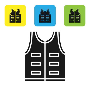 Siyah Avcılık ceket simgesi beyaz arka plan üzerinde izole. Av yeleği. Simgeleri renkli kare düğmeleri ayarlayın. Vektör İllüstrasyonu