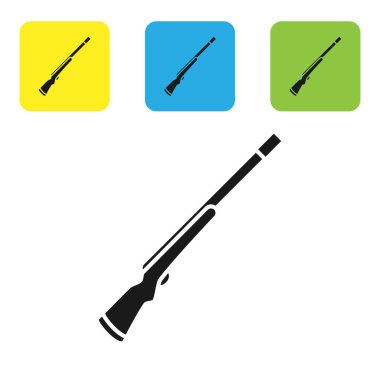 Siyah Avcılık silah simgesi beyaz arka plan üzerinde izole. Av tüfeği. Simgeleri renkli kare düğmeleri ayarlayın. Vektör İllüstrasyonu