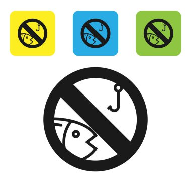 Siyah Beyaz arka planda izole edilmiş balıkçılık simgesi yok. Yasaklama işareti. Simgeleri renkli kare düğmeleri ayarlayın. Vektör İllüstrasyonu