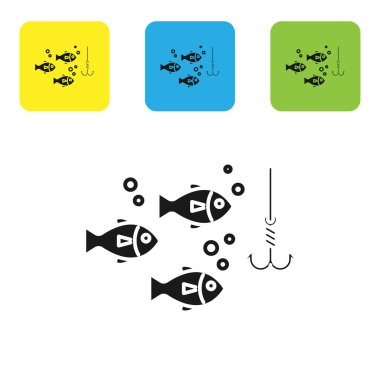 Beyaz arka plan üzerinde izole balık simgesi ile su altında Siyah Balıkçılık kanca. Olta takımı. Simgeleri renkli kare düğmeleri ayarlayın. Vektör İllüstrasyonu