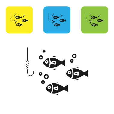 Beyaz arka plan üzerinde izole balık simgesi ile su altında Siyah Balıkçılık kanca. Olta takımı. Simgeleri renkli kare düğmeleri ayarlayın. Vektör İllüstrasyonu