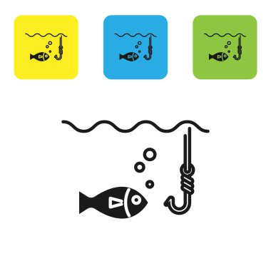 Beyaz arka plan üzerinde izole balık simgesi ile su altında Siyah Balıkçılık kanca. Olta takımı. Simgeleri renkli kare düğmeleri ayarlayın. Vektör İllüstrasyonu