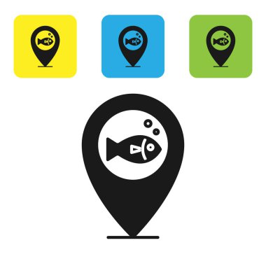 Siyah Konum balıkçılık simgesi beyaz arka planda yalıtılmış. Balıkçı yeri. Simgeleri renkli kare düğmeleri ayarlayın. Vektör İllüstrasyonu