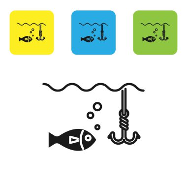 Beyaz arka plan üzerinde izole balık simgesi ile su altında Siyah Balıkçılık kanca. Olta takımı. Simgeleri renkli kare düğmeleri ayarlayın. Vektör İllüstrasyonu