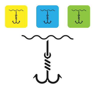 Beyaz arka plan üzerinde izole su simgesi altında Siyah Balıkçılık kanca. Olta takımı. Simgeleri renkli kare düğmeleri ayarlayın. Vektör İllüstrasyonu