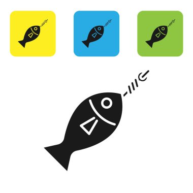 Siyah Balık kanca simgesi beyaz arka plan üzerinde izole. Simgeleri renkli kare düğmeleri ayarlayın. Vektör İllüstrasyonu