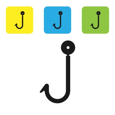 Siyah Olta kancası simgesi beyaz arka planda izole edilmiştir. Olta takımı. Simgeleri renkli kare düğmeleri ayarlayın. Vektör İllüstrasyonu