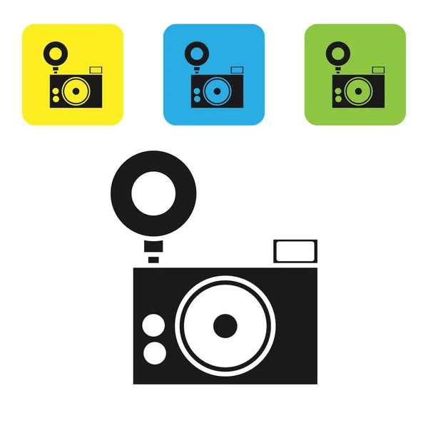Black Photo camera icon isolated on white background. Foto camera icon. Set  icons colorful square buttons. Vector Illustration - Stock Image -  Everypixel