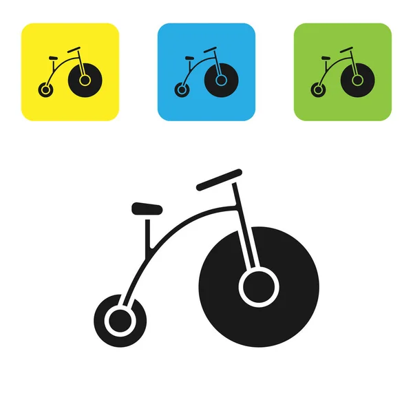 Bicicleta Vintage preta com uma grande roda e um pequeno ícone isolado no fundo branco. Bicicleta sinal de transporte público. Definir ícones coloridos botões quadrados. Ilustração vetorial —  Vetores de Stock
