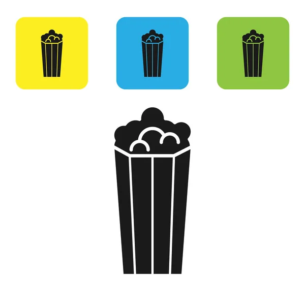 Schwarzes Popcorn in Pappschachtel-Icon isoliert auf weißem Hintergrund. Popcorn-Eimerbox vorhanden. setzen Symbole bunte quadratische Tasten. Vektorillustration — Stockvektor