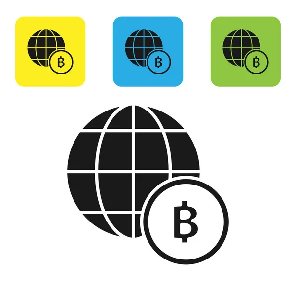 Schwarzer Globus und Kryptowährung Bitcoin-Symbol isoliert auf weißem Hintergrund. physische Bitcoin. Blockchain-basierte sichere Kryptowährung. setzen Symbole bunte quadratische Tasten. Vektorillustration — Stockvektor