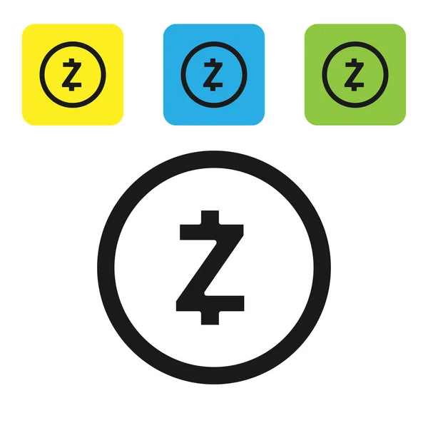 Moneda de criptomoneda negra Zcash ZEC icono aislado sobre fondo blanco. Moneda digital. Altcoin símbolo. Blockchain basado en criptomoneda segura. Establecer iconos coloridos botones cuadrados. Ilustración vectorial — Archivo Imágenes Vectoriales