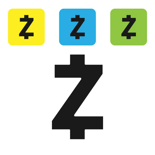 Чорна монета криптовалюти Zcash ZEC ізольована на білому тлі. Символ Altcoin. Блокчейн заснований на безпечній криптовалюті. Встановити кольорові квадратні кнопки піктограм. Векторна ілюстрація — стоковий вектор