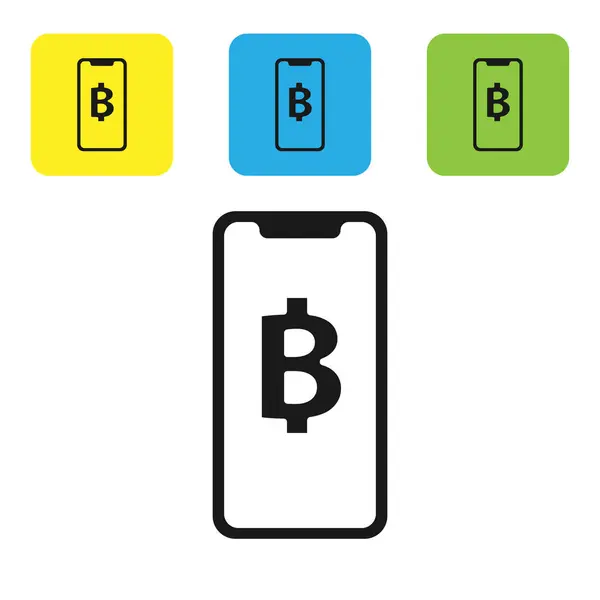 Zwarte telefoon mobiele en cryptogeld Coin Bitcoin pictogram geïsoleerd op witte achtergrond. Fysieke bit munt. Blockchain gebaseerde Secure crypto-valuta. Pictogrammen instellen kleurrijke vierkante knoppen. Vector illustratie — Stockvector