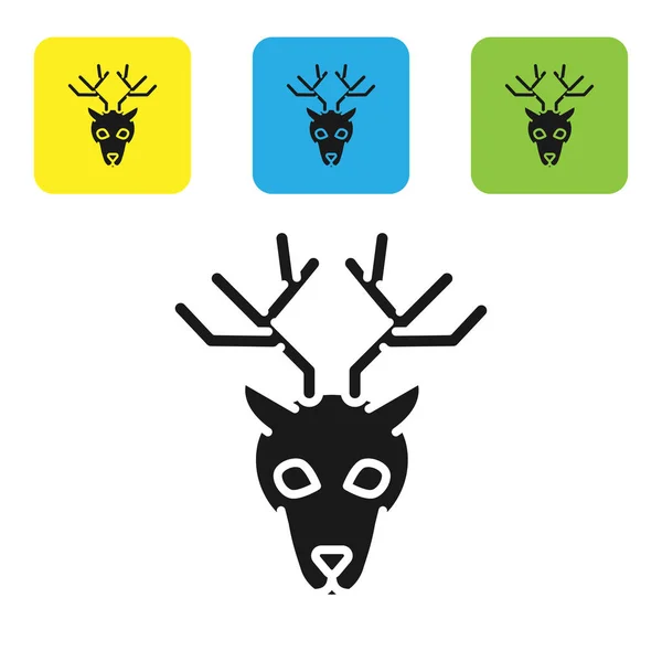 Głowa czarnego jelenia z ikoną poroża na białym tle. Ustawianie ikon kolorowych kwadratowych przycisków. Ilustracja wektorowa — Wektor stockowy