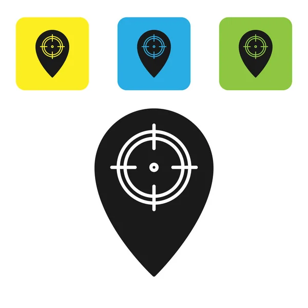 Ikona černého Huntu, izolovaná na bílém pozadí. Navigace, ukazatel, umístění, mapa, GPS, směr, místo, kompas, kontakt, hledání. Nastavení ikon barevných čtvercových tlačítek. Vektorová ilustrace — Stockový vektor