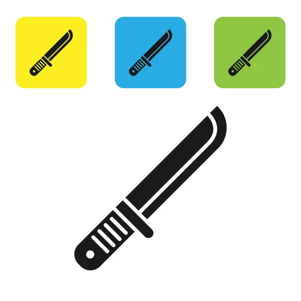 Schwarzes Jägermesser-Symbol auf weißem Hintergrund. Taschenmesser. setzen Symbole bunte quadratische Tasten. Vektorillustration — Stockvektor