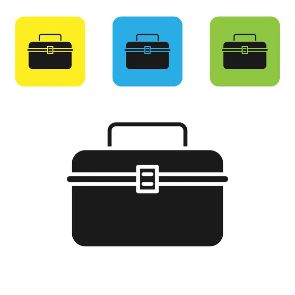 Schwarzer Koffer oder Box Container für Wobbler und Ausrüstung Angelausrüstung Symbol isoliert auf weißem Hintergrund. Angeln. setzen Symbole bunte quadratische Tasten. Vektorillustration — Stockvektor