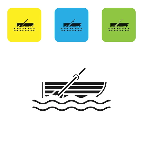 Svart fiskebåt med åror på vatten ikonen isolerad på vit bakgrund. Ange ikoner färgglada fyrkantiga knappar. Vektor illustration — Stock vektor