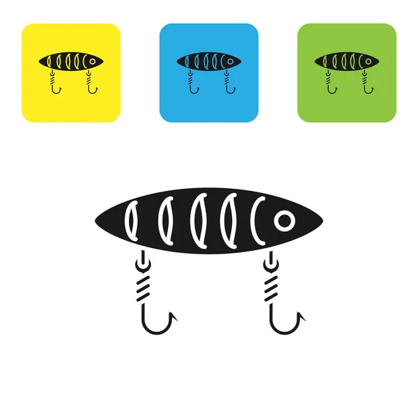 Icône de leurre de pêche noir isolé sur fond blanc. Matériel de pêche. Set icônes boutons carrés colorés. Illustration vectorielle — Image vectorielle