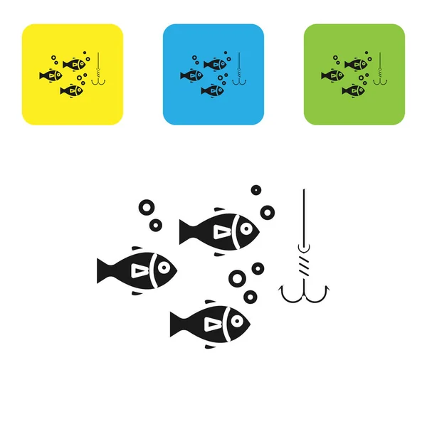 Schwarzer Angelhaken unter Wasser mit Fischsymbol auf weißem Hintergrund. Angeln. setzen Symbole bunte quadratische Tasten. Vektorillustration — Stockvektor