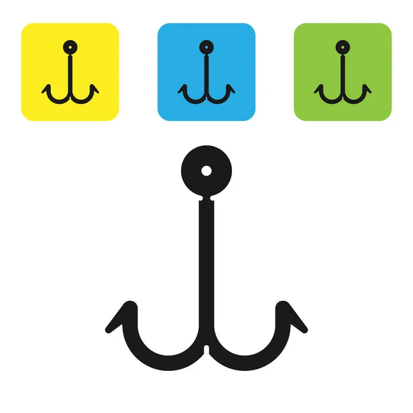 Negro icono de anzuelo de pesca aislado sobre fondo blanco. Aparejos de pesca. Establecer iconos coloridos botones cuadrados. Ilustración vectorial — Archivo Imágenes Vectoriales