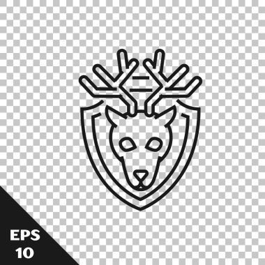 Saydam arka plan üzerinde izole kalkan simgesi boynuzları ile siyah çizgi Geyik kafası. Duvarda av ganimeti. Vektör İllüstrasyonu