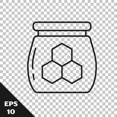 Saydam arka planda izole bal simgesinin siyah çizgi Kavanoz. Yemek bankası. Tatlı doğal gıda sembolü. Vektör İllüstrasyonu