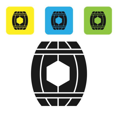 Beyaz arka plan üzerinde izole bal simgesi ile Siyah Ahşap varil. Simgeleri renkli kare düğmeleri ayarlayın. Vektör İllüstrasyonu