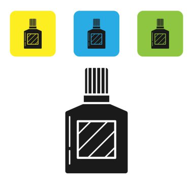 Siyah Aftershave simgesi beyaz arka plan üzerinde izole. Köln sprey simgesi. Erkek parfüm şişesi. Simgeleri renkli kare düğmeleri ayarlayın. Vektör İllüstrasyonu