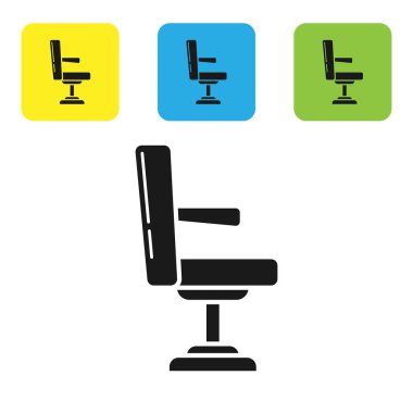 Siyah Barbershop sandalye simgesi beyaz arka plan üzerinde izole. Berber koltuk işareti. Simgeleri renkli kare düğmeleri ayarlayın. Vektör İllüstrasyonu