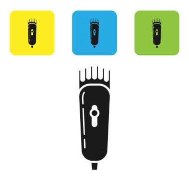 Siyah Elektrikli saç makası veya tıraş makinesi simgesi beyaz arka plan üzerinde izole. Berber dükkanı sembolü. Simgeleri renkli kare düğmeleri ayarlayın. Vektör İllüstrasyonu