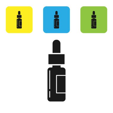 Pipetli siyah cam şişe. Beyaz arka plan üzerinde izole simgesi içinde bir pipet ile Şişe. Tıbbi ve kozmetik ürün konteyner. Simgeleri renkli kare düğmeleri ayarlayın. Vektör İllüstrasyonu