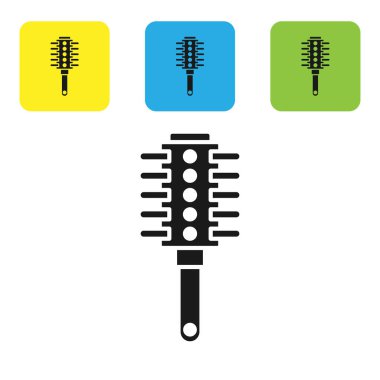 Siyah Hairbrush simgesi beyaz arka plan üzerinde izole. Saç işaretini taramak. Berber sembolü. Simgeleri renkli kare düğmeleri ayarlayın. Vektör İllüstrasyonu