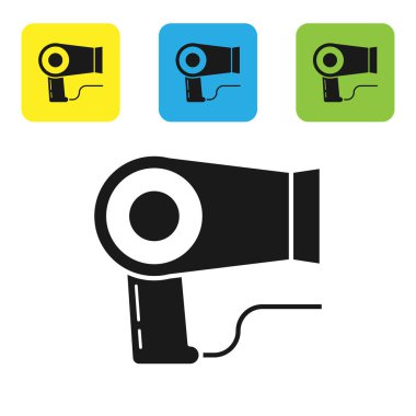 Siyah Saç kurutucu simgesi beyaz arka plan üzerinde izole. Saç kurutma makinesi işareti. Saç kurutma sembolü. Sıcak hava üflüyor. Simgeleri renkli kare düğmeleri ayarlayın. Vektör İllüstrasyonu